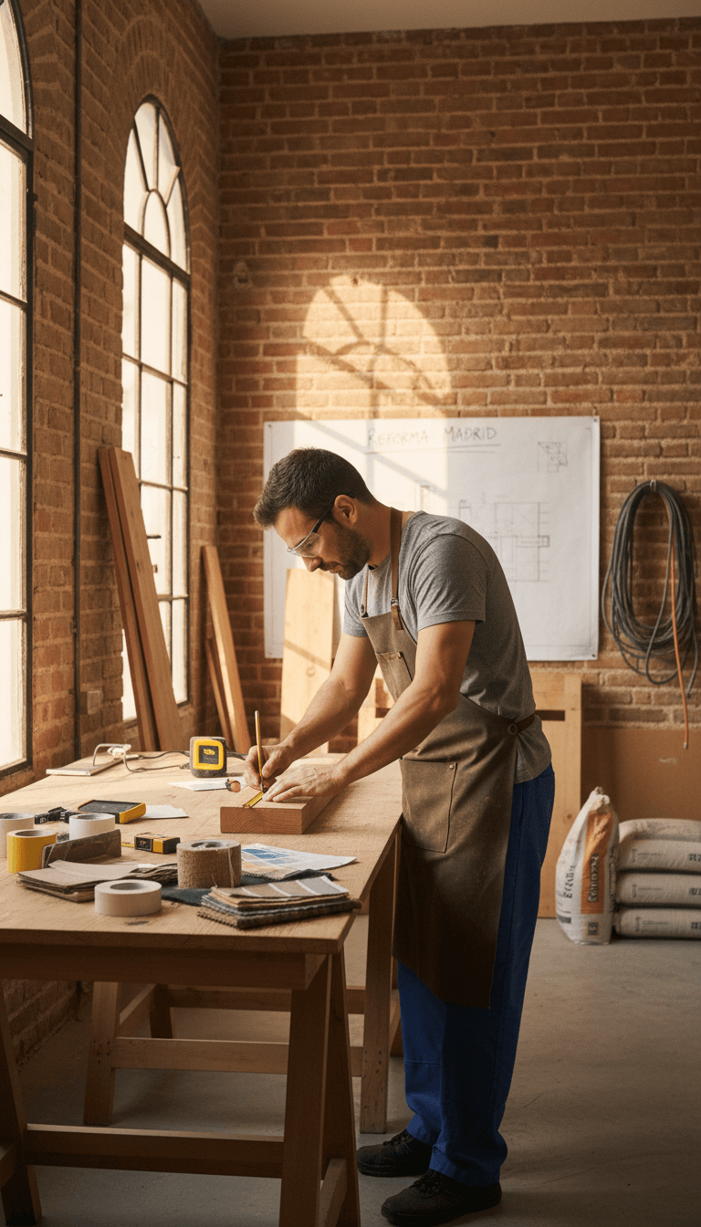 Profesional de construcción preparando materiales para reforma en Madrid