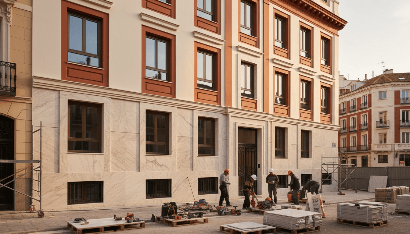 Fachada de edificio reformado en Madrid con pintura profesional y revestimiento de mármol