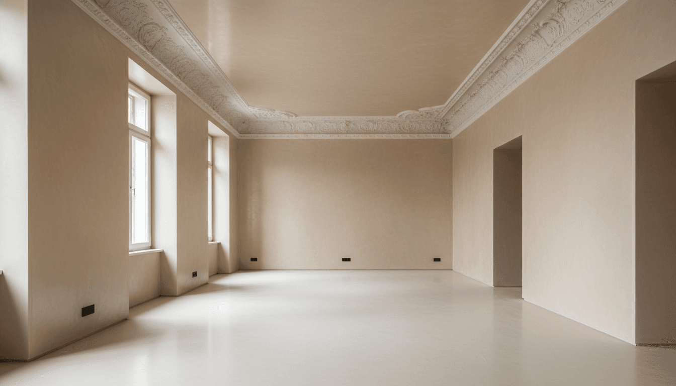 Modern minimalist interior room with polished microcement walls and restored ornamental ceiling moldings bathed in natural light