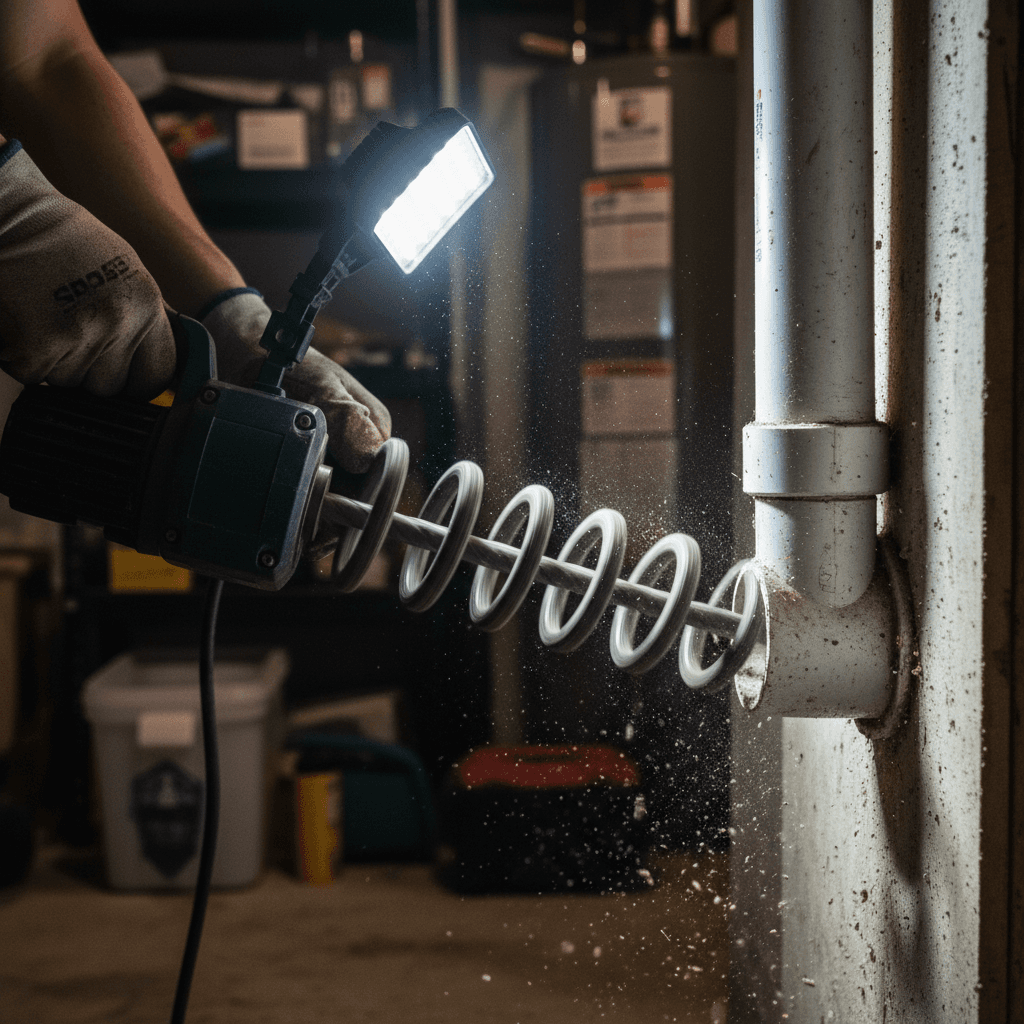 Plumber's hands operating motorized drain auger to clear clogged residential drain pipe with visible action