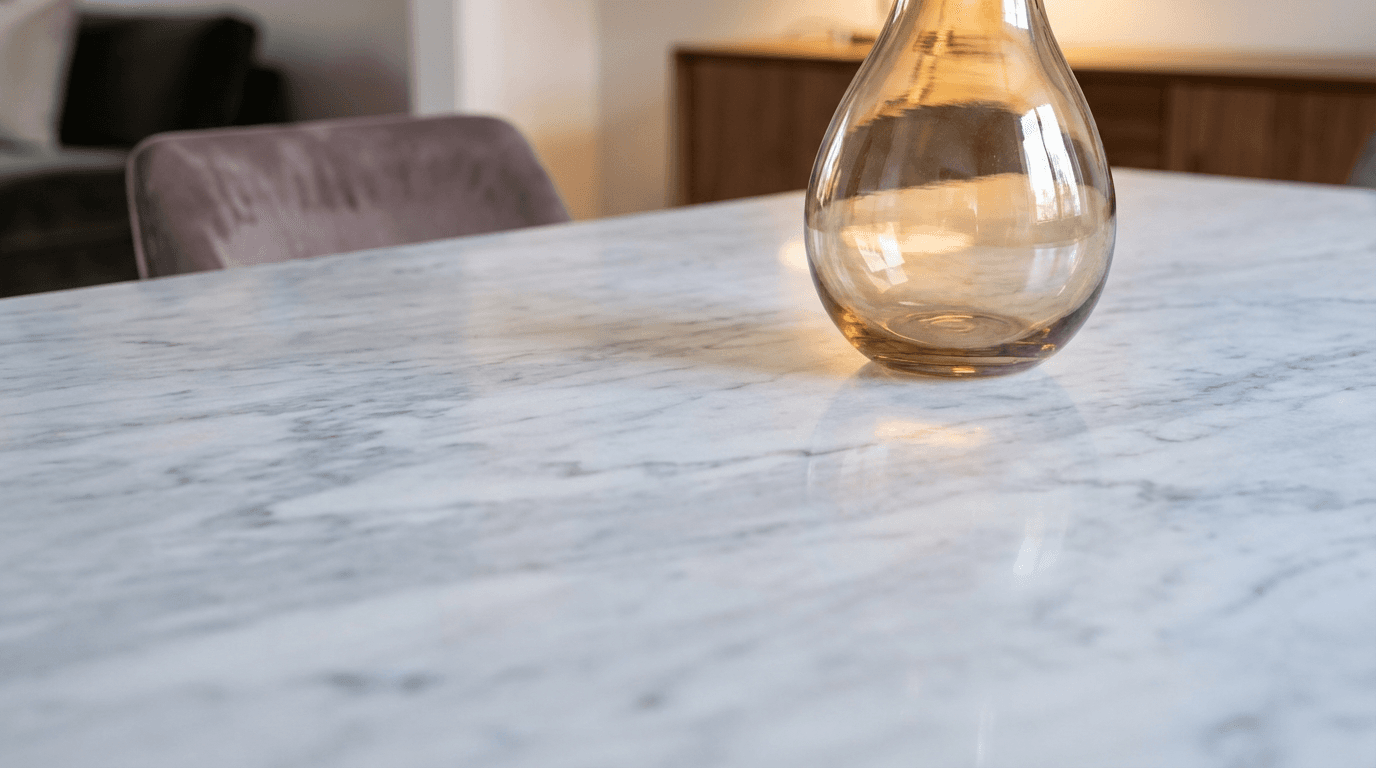 Acabado en mármol pulido con detalles de vetas naturales