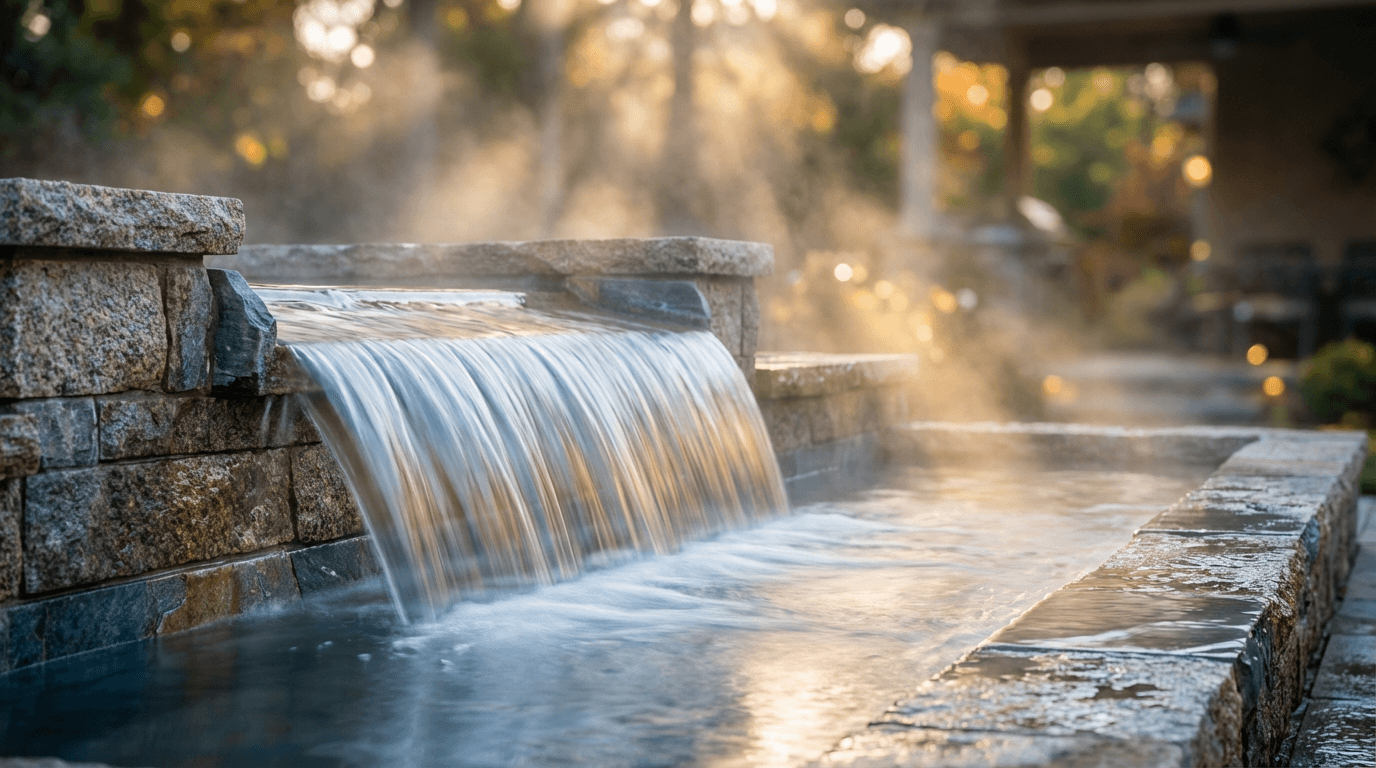 Cascada decorativa completada con diseño de agua y materiales arquitectónicos