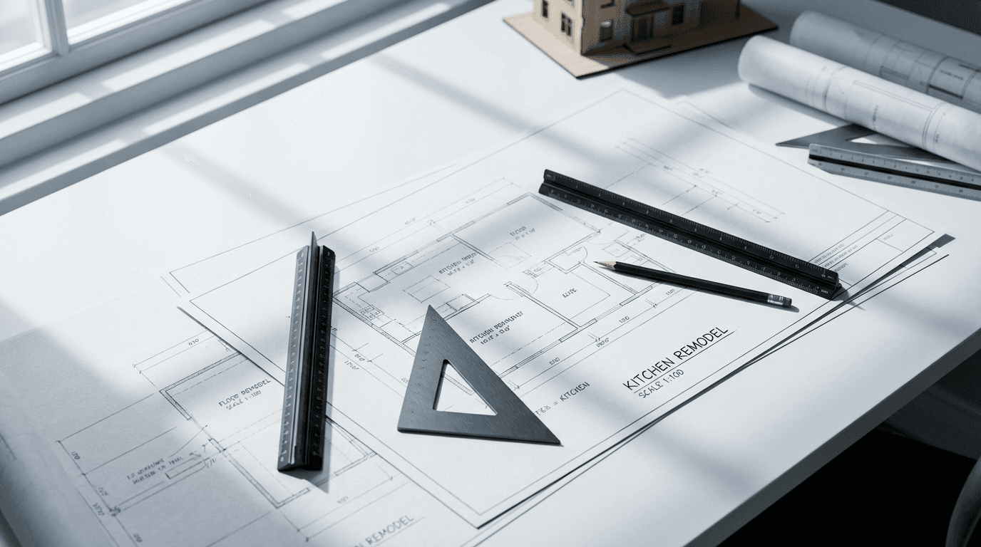 Profesional de reformas revisando planos y presupuestos en un espacio de trabajo moderno