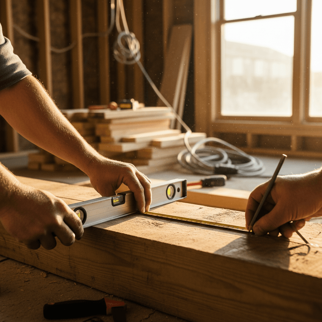 Manos de profesional con herramientas de construcción en mesa de trabajo