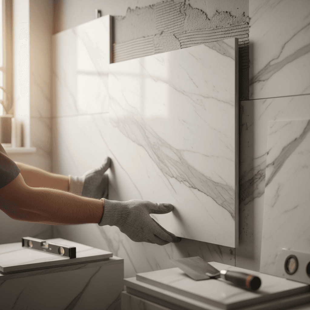 Mason's hands carefully placing large-format marble tile on bathroom wall with mortar and grout lines visible