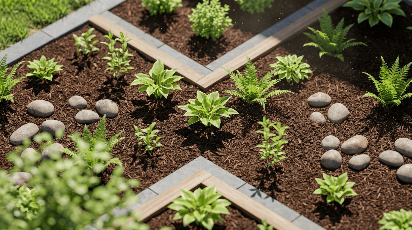Overhead garden bed with mulch, stone accents, plantings, and shifting shadows from noon sunlight.